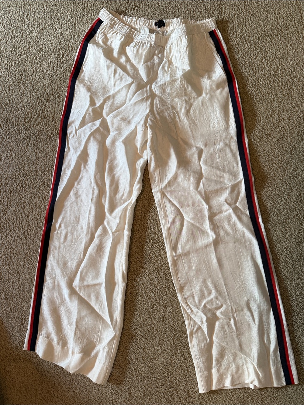 Cream JCrew Track Pants with Red & Navy Side Stripes
